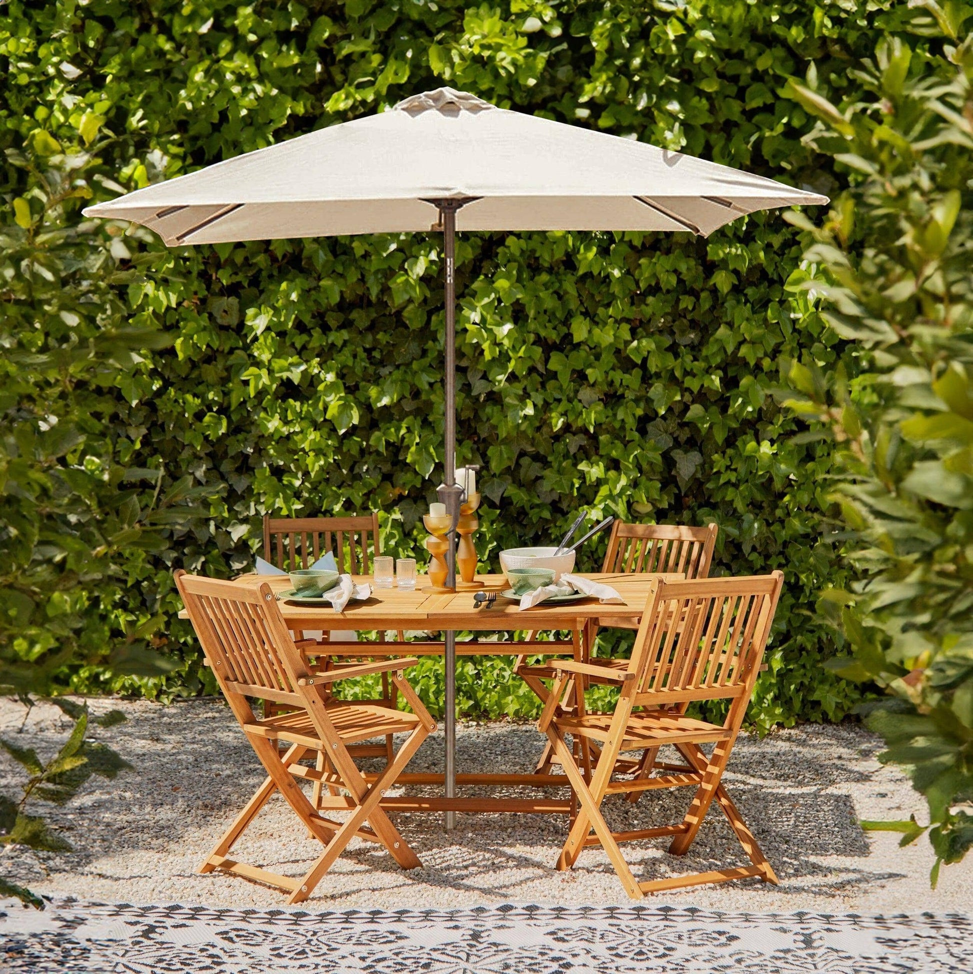 Ashby 4 Seater Wooden Rectangular Garden Armchair Dining Set with Cream LED Premium Parasol - 120cm - Laura James