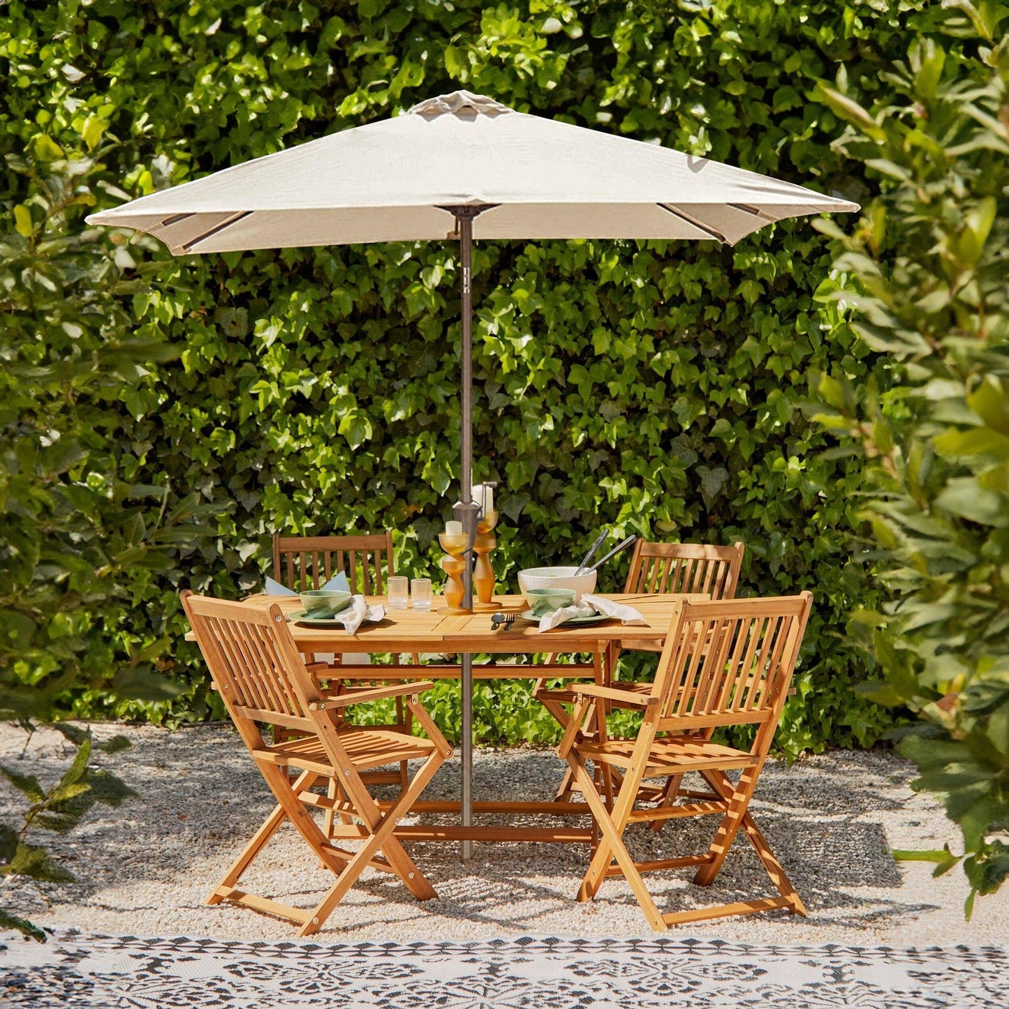 Ashby Outdoor 4 Seater Wooden Rectanglar Armchair Dining Set with Cream Parasol - 120cm - Laura James