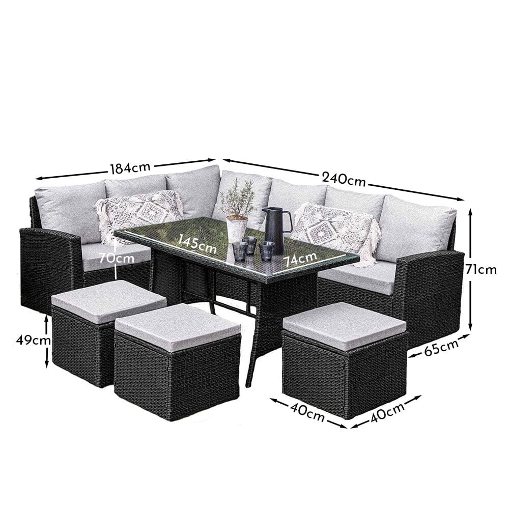 Aston 9 Seater Rattan Garden Corner Sofa Set with with Cream LED Premium Cantilever Parasol - Polywood Top - Black