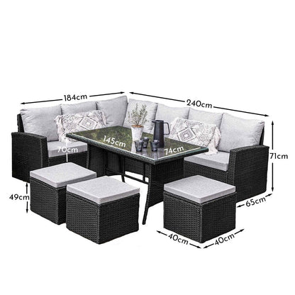 Aston 9 Seater Outdoor Sofa Dining Set with Polywood Table Top - Black