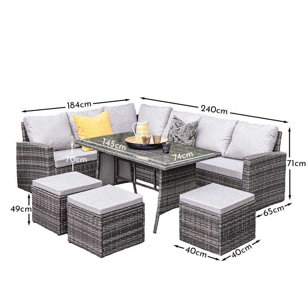 Aston 9 Seater Rattan Garden Corner Sofa Set with Cream Lean Over Parasol - Polywood Top - Grey