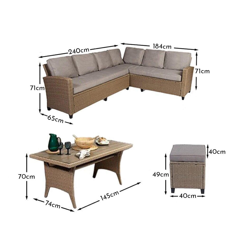 Aston 9 Seater Rattan Corner Sofa Set with Grey Lean Over Parasol with Glass Table Top - Natural Brown