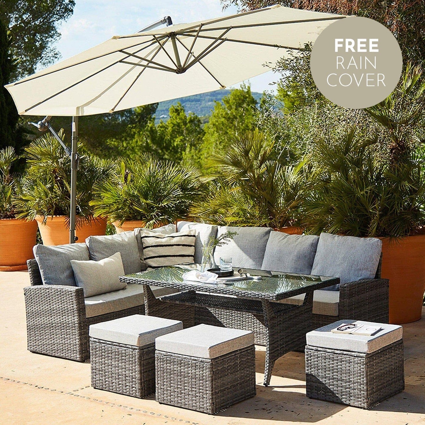 Aston rattan corner sofa set - cream lean over parasol - 9 seater - grey - Laura James