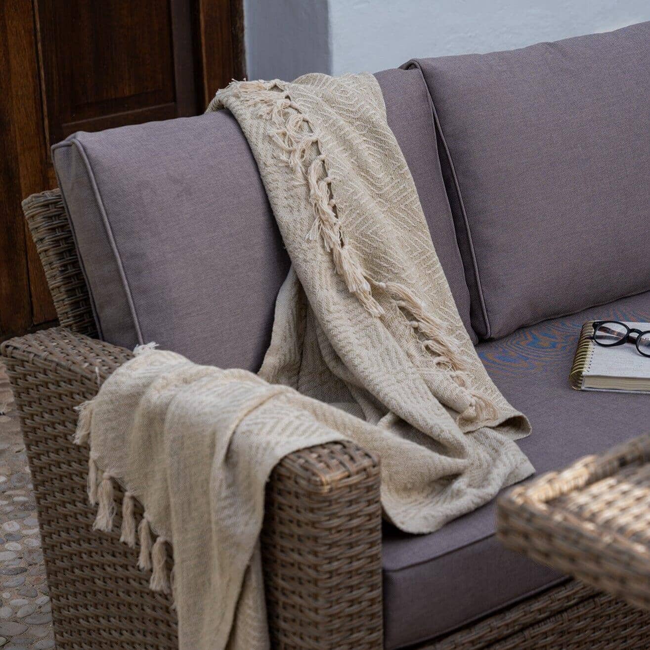 Aston 9 Seater Rattan Corner Sofa Set with Grey Lean Over Parasol with Glass Table Top - Natural Brown