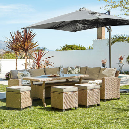 Aston Rattan Corner Sofa Set grey lean over parasol - 9 seater - natural brown - polywood table top - Laura James