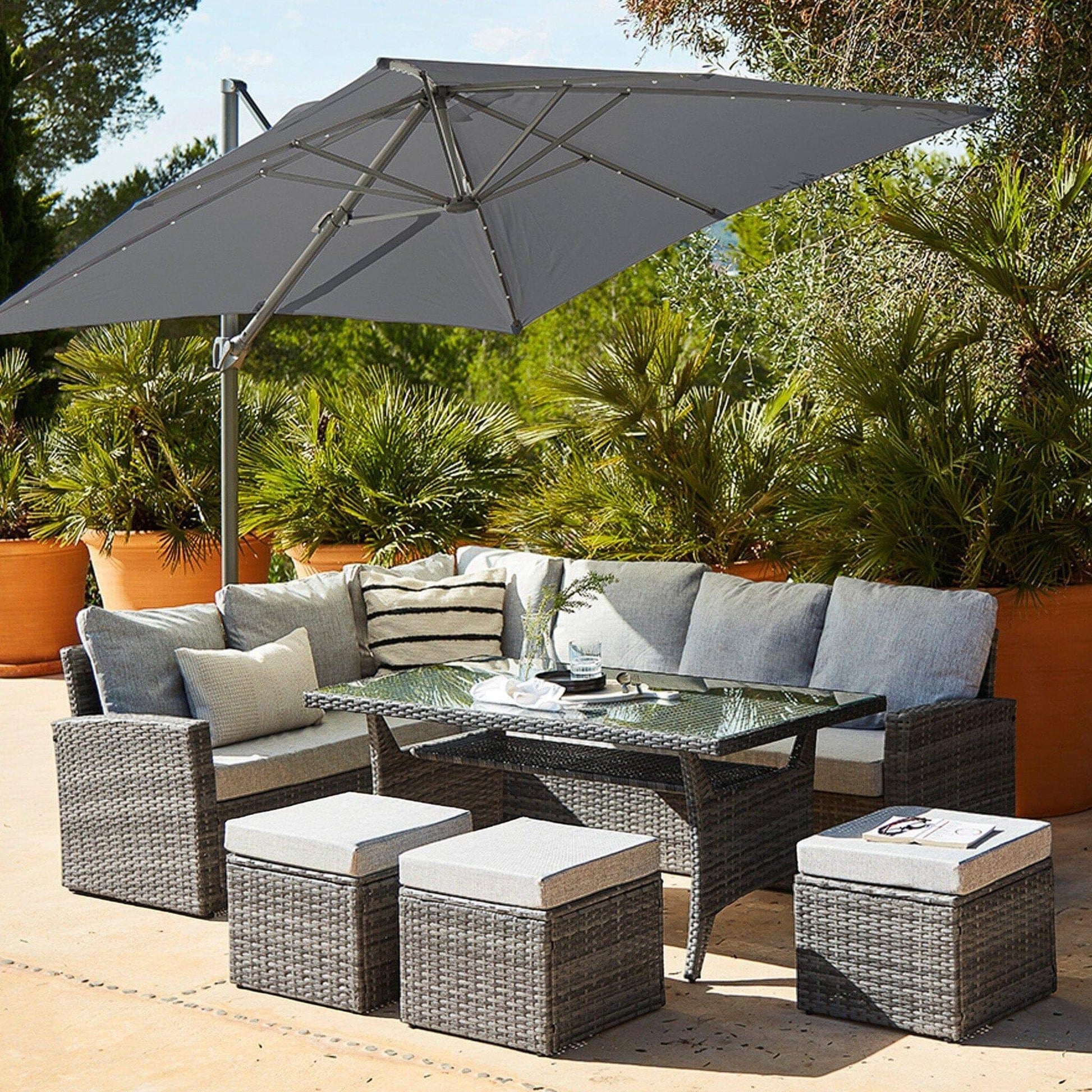 Aston Rattan Corner Sofa Set - Grey LED Cantilever Parasol - 9 Seater - Grey - Laura James