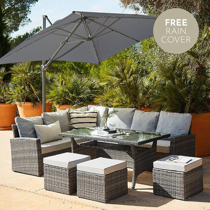 Aston Rattan Corner Sofa Set - Grey LED Cantilever Parasol - 9 Seater - Grey - Laura James