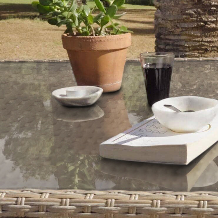 Aston Rattan Corner Sofa Set - 9 Seater - Natural Brown - Glass Table Top - Laura James 