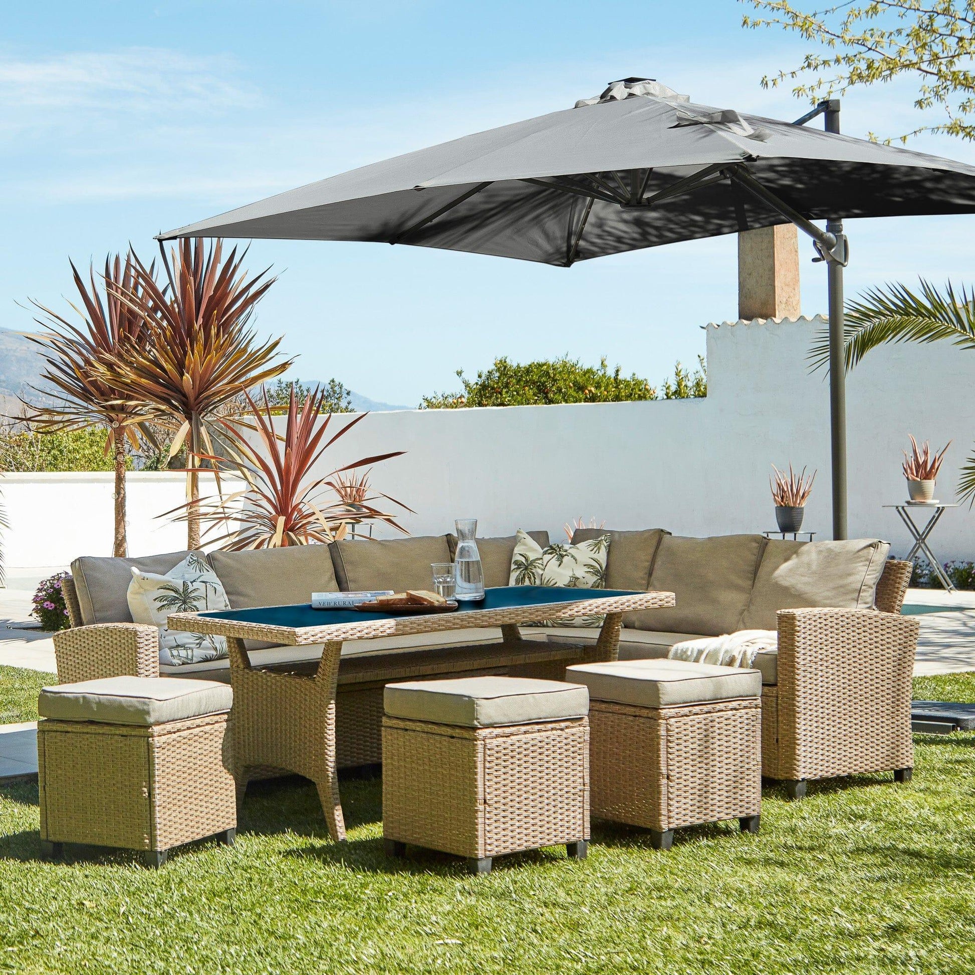 Aston rattan Corner Sofa Set premium grey LED parasol - 9 seater - natural brown - glass table top - Laura James