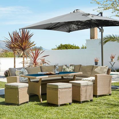 Aston rattan Corner Sofa Set premium grey LED parasol - 9 seater - natural brown - glass table top - Laura James