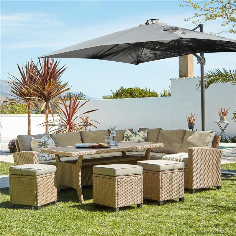 Aston 9 Seater Rattan Corner Sofa Set with Grey LED Premium Parasol with Glass Table Top - Natural Brown - Laura James 
