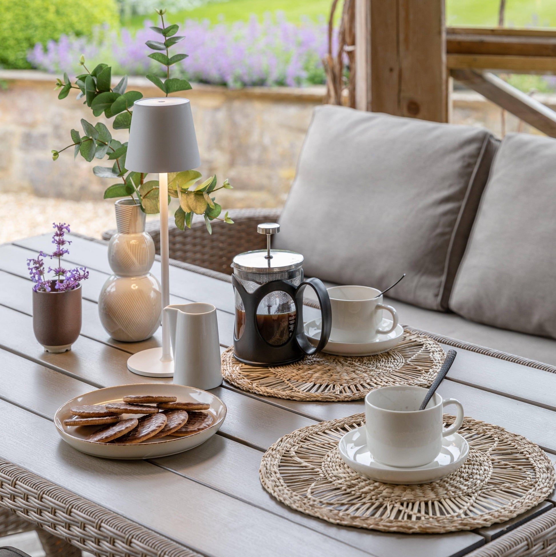 Aston 9 Seater Rattan Corner Sofa Set Cream Parasol - Natural Brown - Laura James