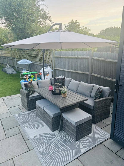 Aston 9 Seater Rattan Garden Corner Sofa Set with Cream Lean Over Parasol - Polywood Top - Grey