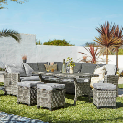 Aston 9 Seater Rattan Garden Corner Sofa Set with Cream LED Premium Parasol - Polywood Top - Grey