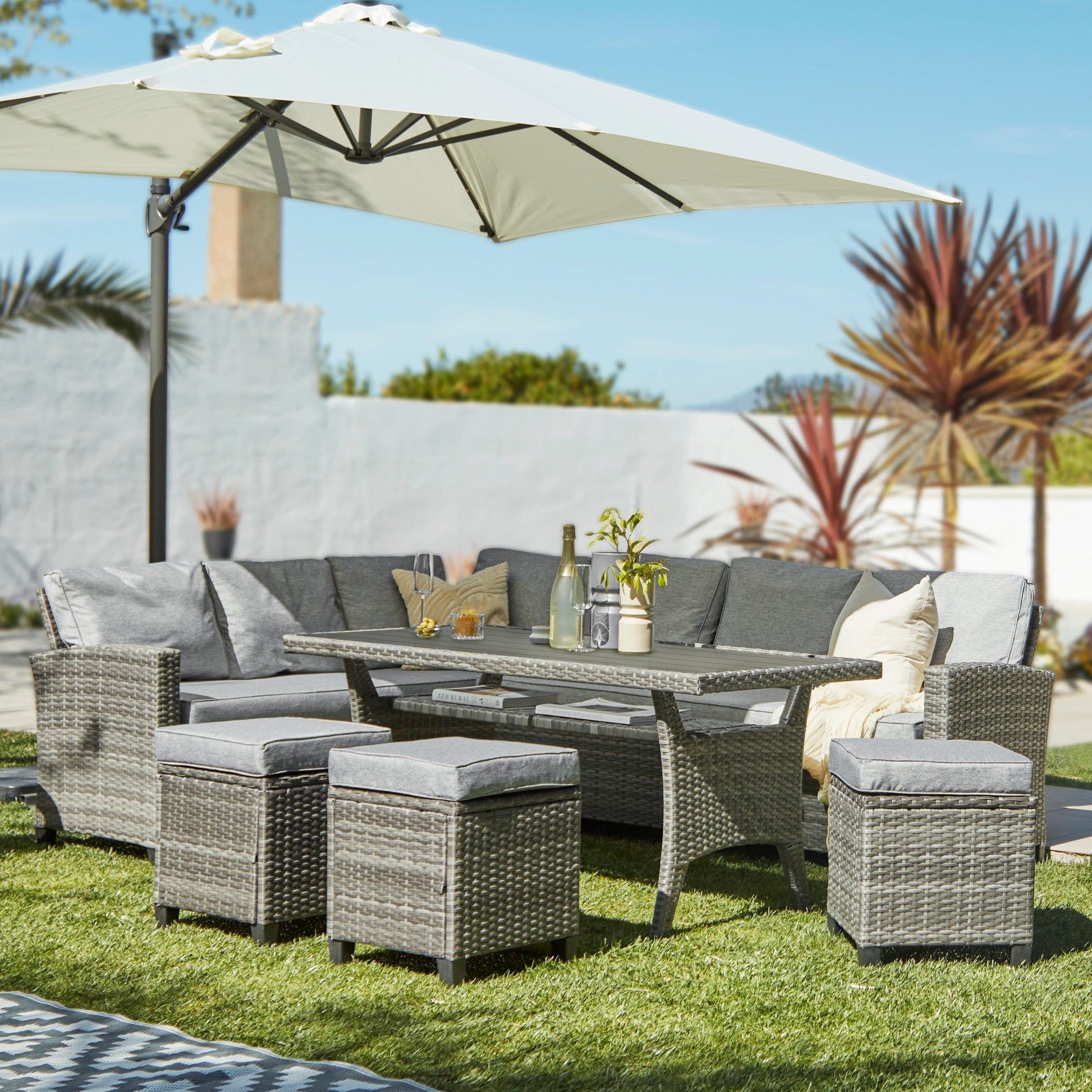 Aston Sofa Dining Set Sofa Set Grey Polywood with Premium Cream Parasol - Laura James