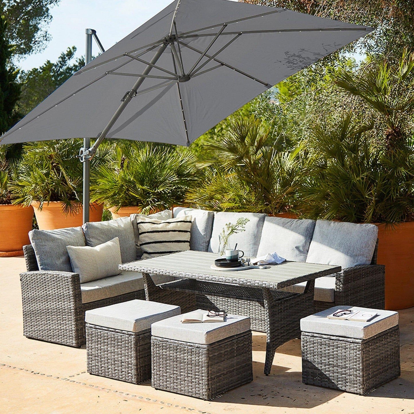 Aston Sofa Dining Set Sofa Set Grey Polywood with Premium Grey Parasol - Laura James