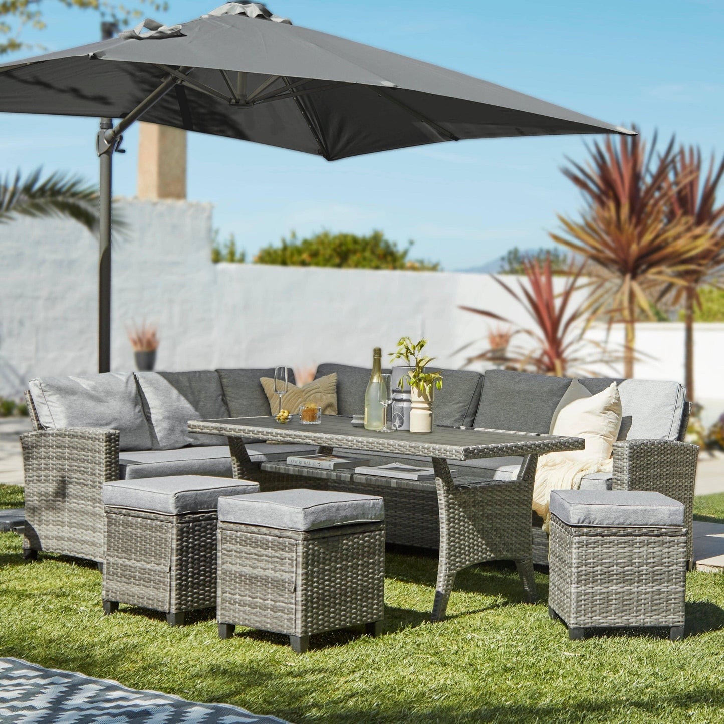 Aston Sofa Dining Set Sofa Set Grey Polywood with Premium Grey Parasol - Laura James