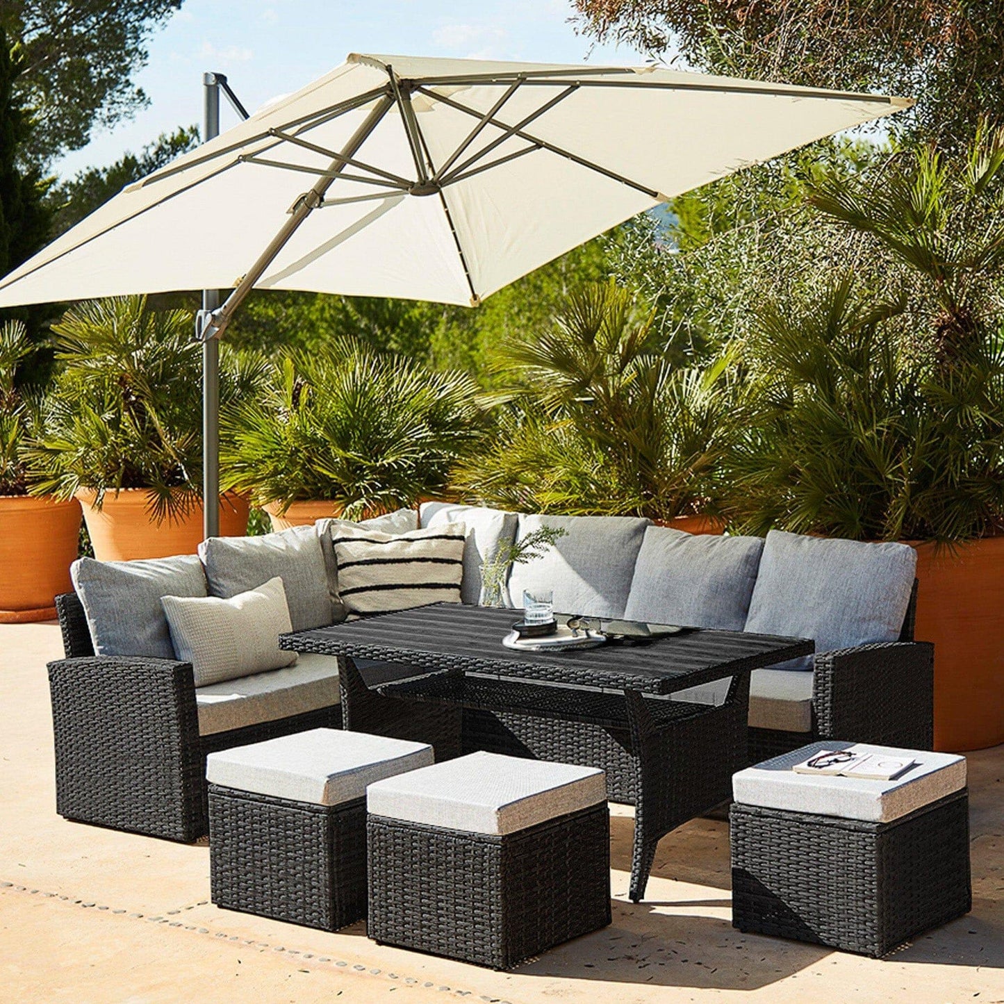 Aston Rattan Corner Sofa Set Polywood Top - Cream LED Cantilever Parasol - 9 Seater - Black