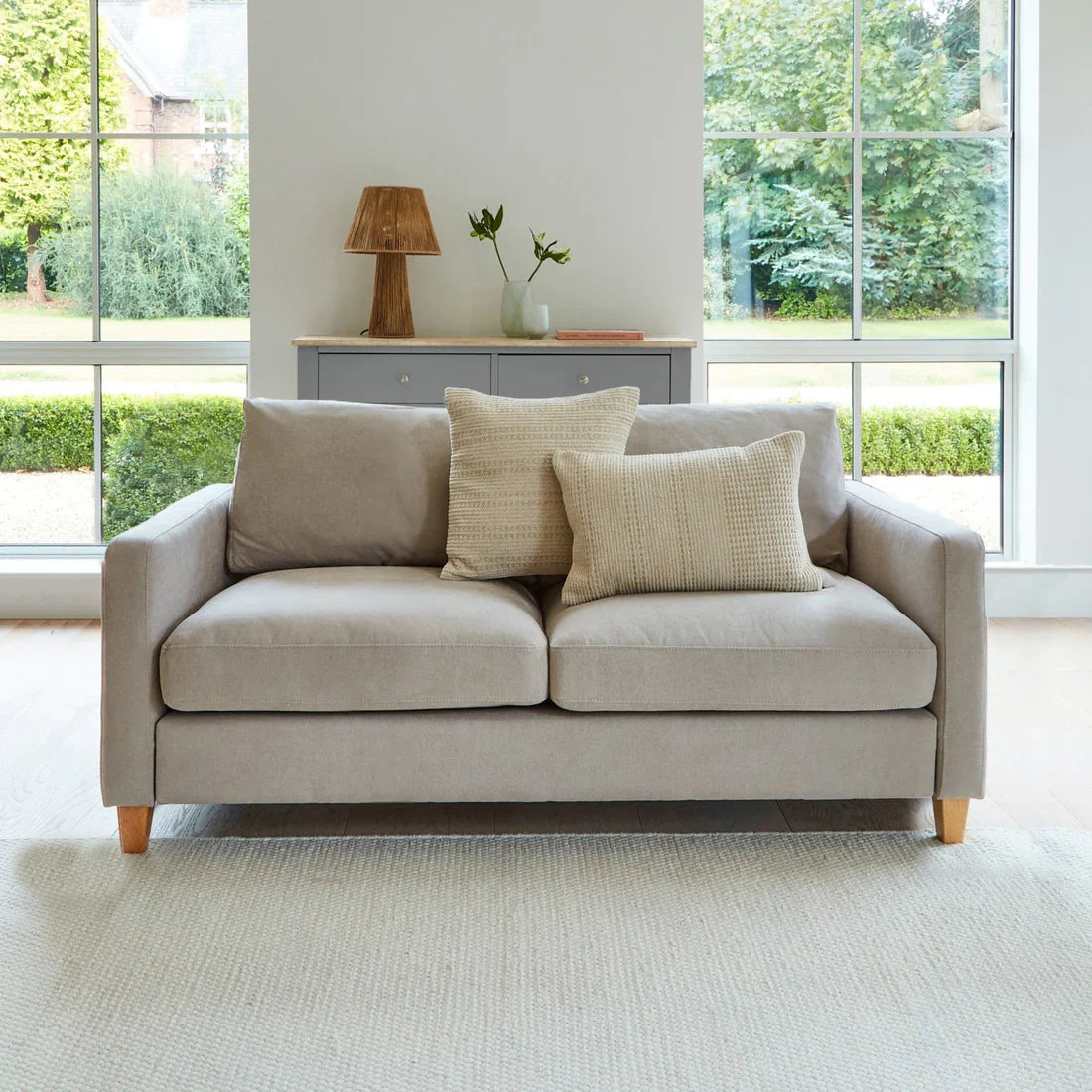 Emily 3 Seater Sofa - Soft Beige with Pale Oak Legs - Laura James 