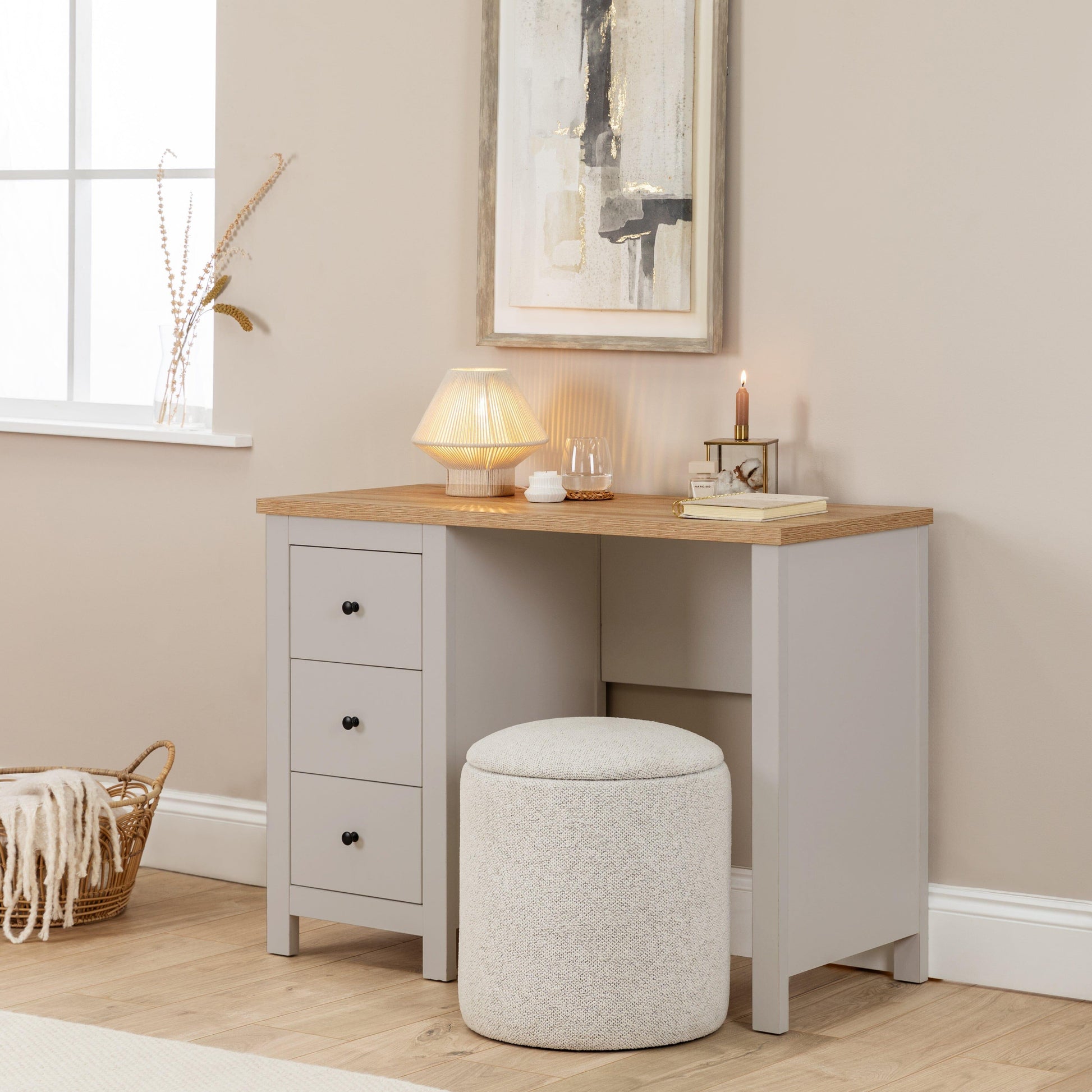 grey oak dressing table GFW Kendal Light Grey and Oak Dressing Table and Stool