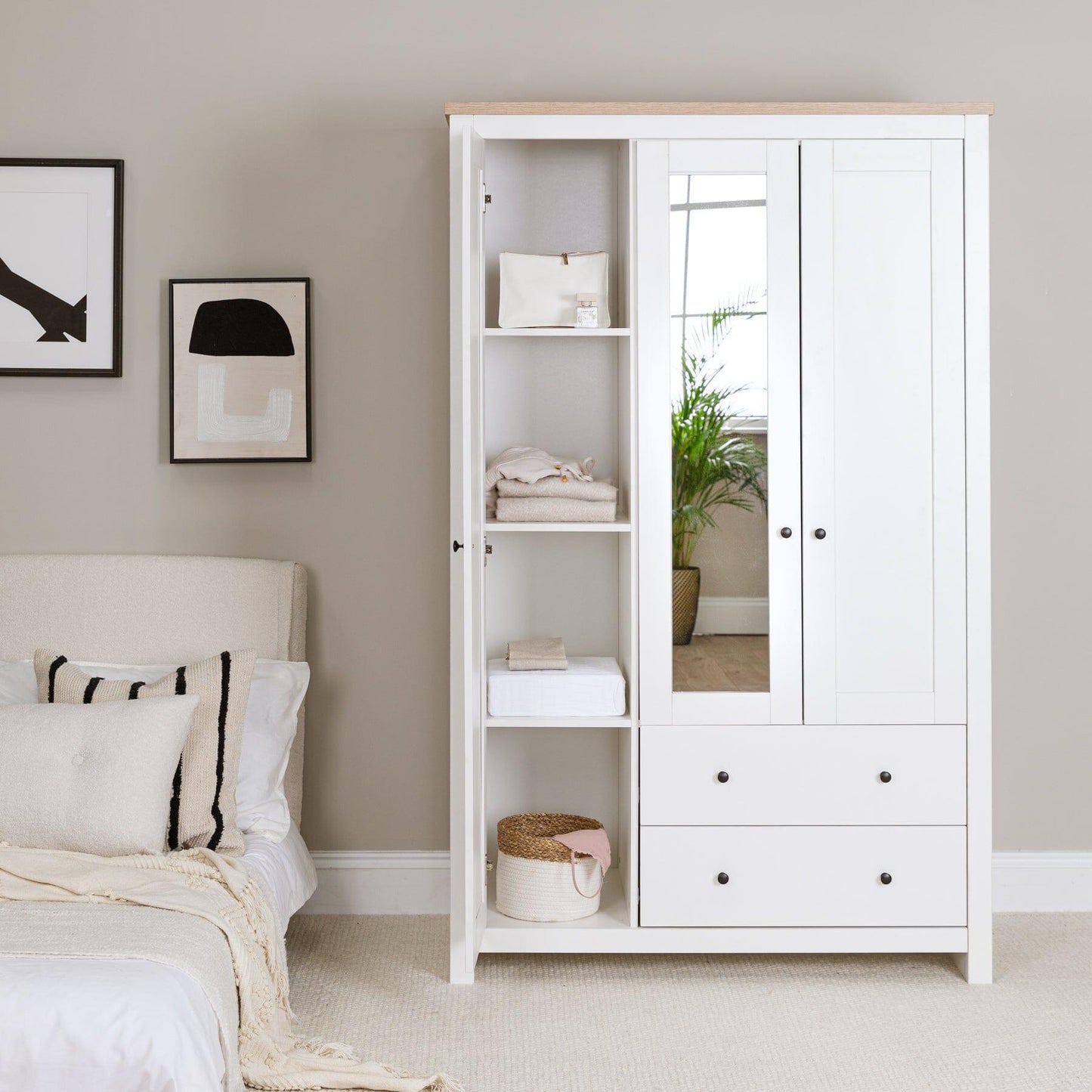 Bampton Triple Wardrobe with 2 Drawers - Alabaster White - Laura James