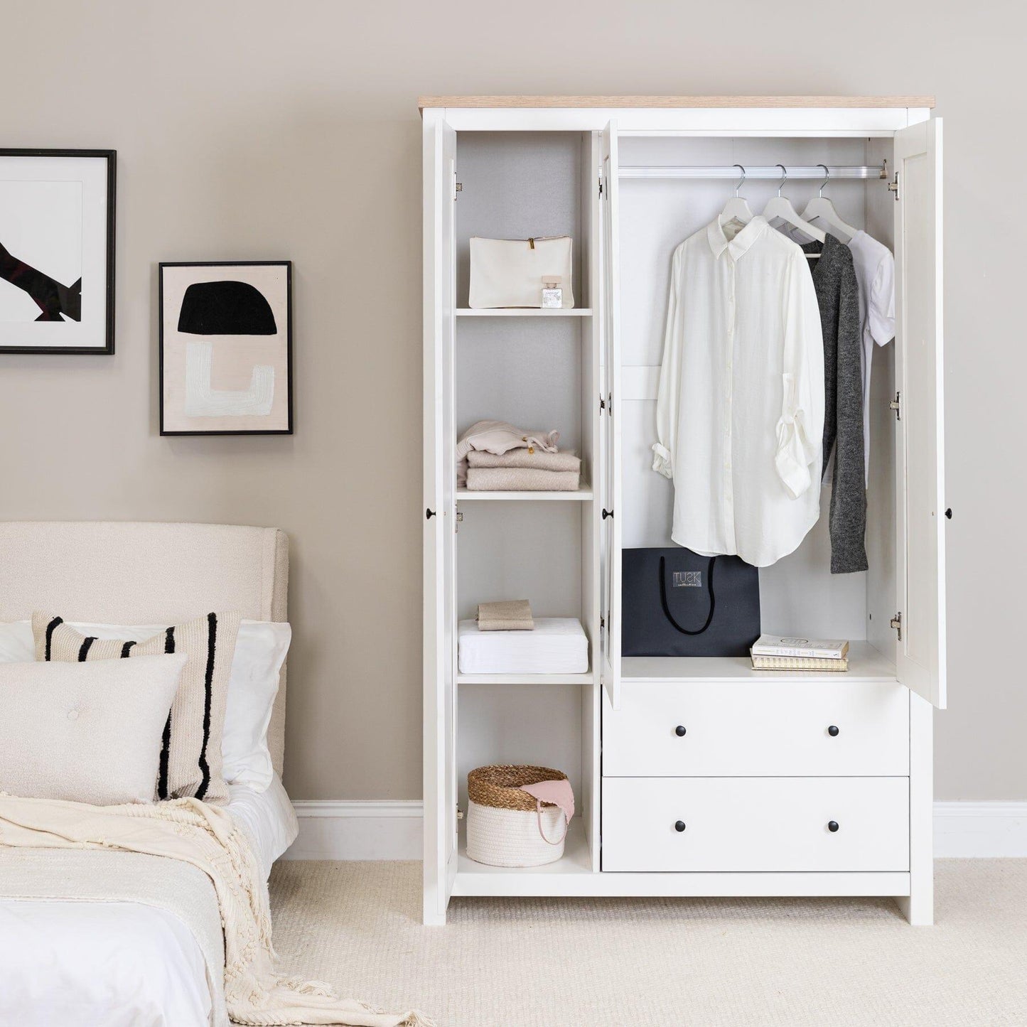 Bampton Triple Wardrobe with 2 Drawers - Alabaster White - Laura James
