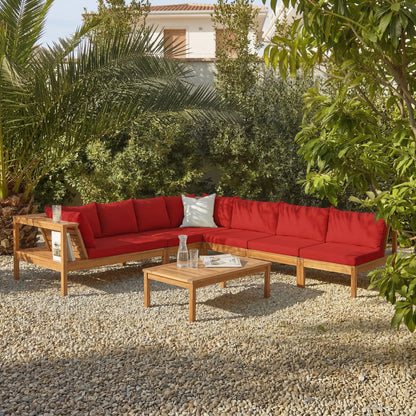 Dakota 8 Seater Wooden Corner Sofa Set - Natural Acacia with Red Cushions - Laura James