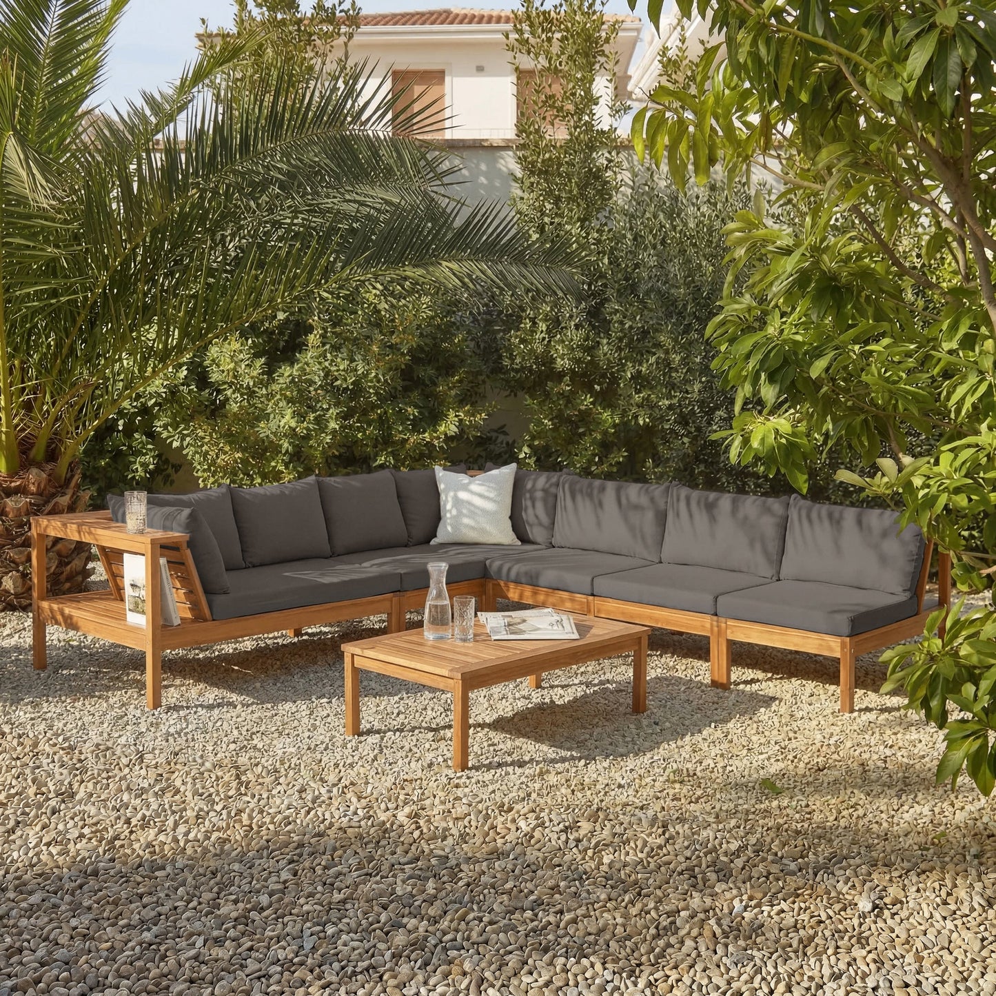 Dakota 8 Seater Wooden Corner Sofa Set - Natural Acacia with Grey Cushions - Laura James