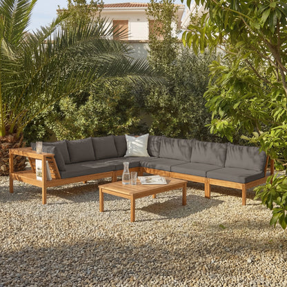 Dakota 8 Seater Wooden Corner Sofa Set - Natural Acacia with Grey Cushions - Laura James