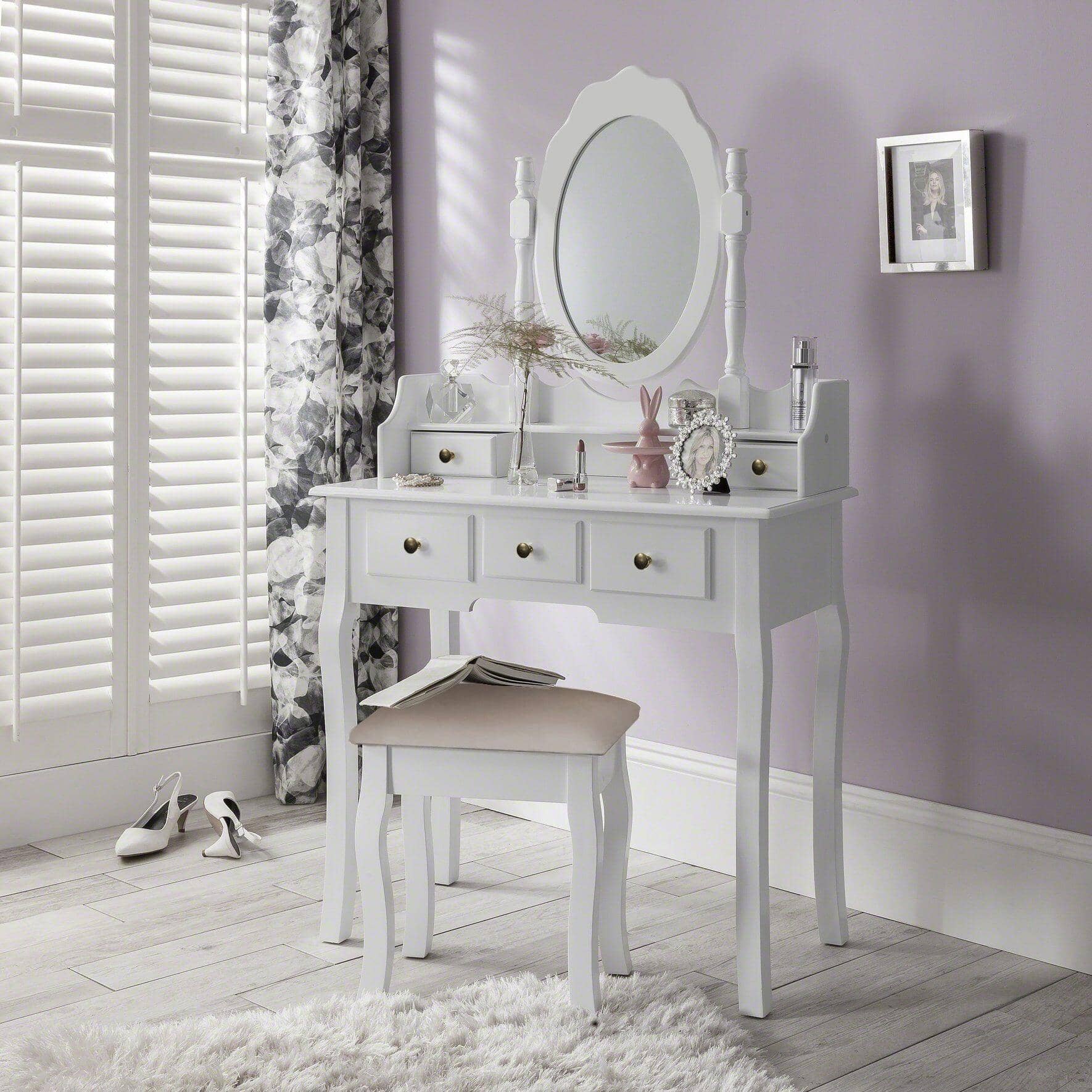 white dressing table with stool and mirror 59" Makeup Desk Drawers & Cabinet & Dresser, Vanity with Drawer Dresser, Large Vanity Table with 8 Drawers, Vanity Desk with Large 3-Color Lights for Girls perfect for your simple but charming room.With 4 Drawers and Divided Inner Space ModernLuxe Assembly Required Corner Makeup