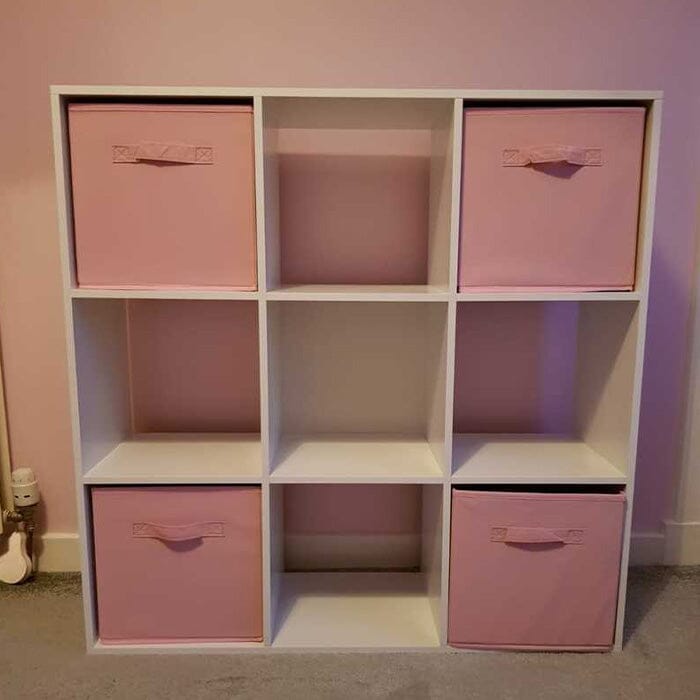9 Cube Storage Unit / Bookcase & 4 Pink Handled Box Drawers