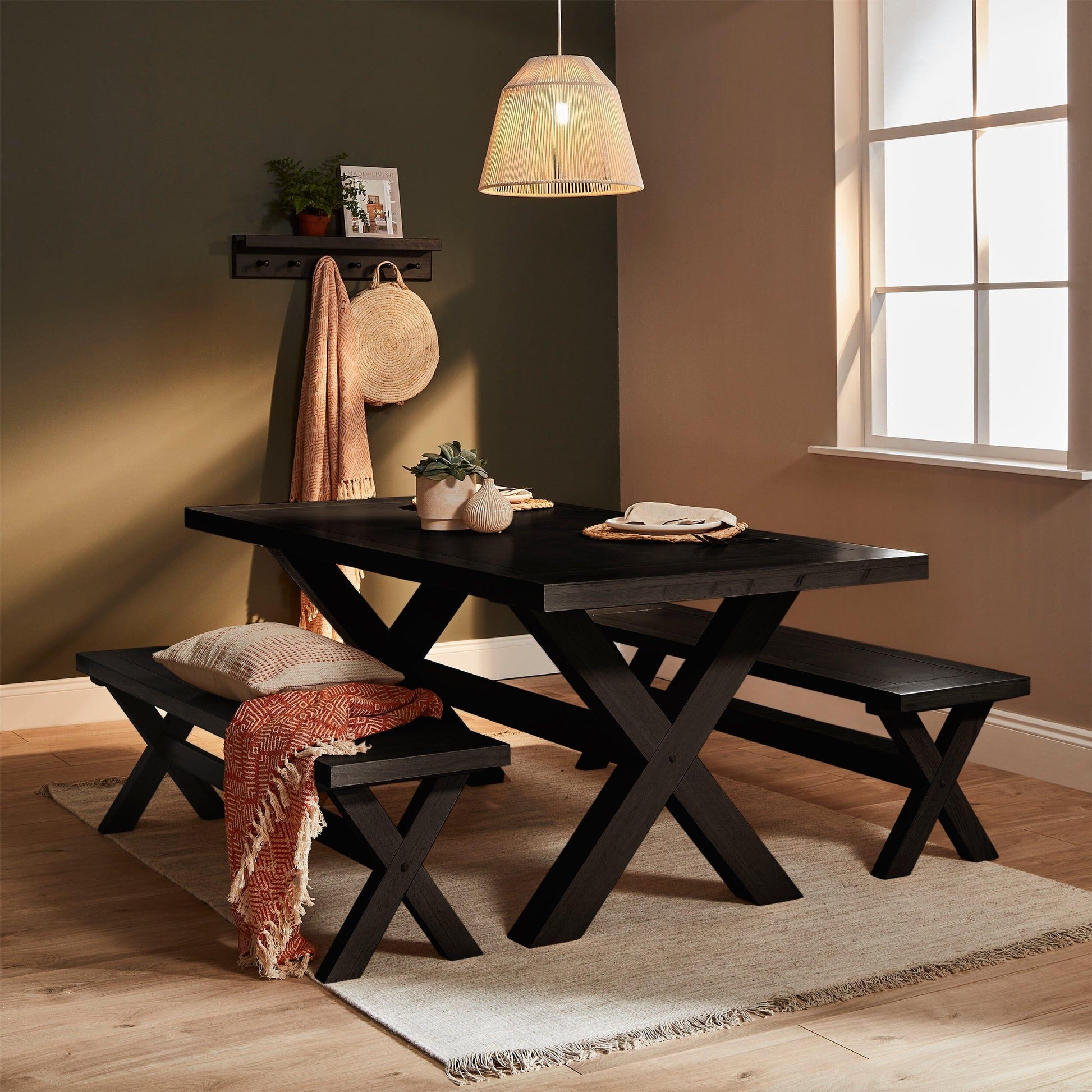 Charlotte Black Oak Dining Table with 2 Black Oak Dining Benches - Laura James