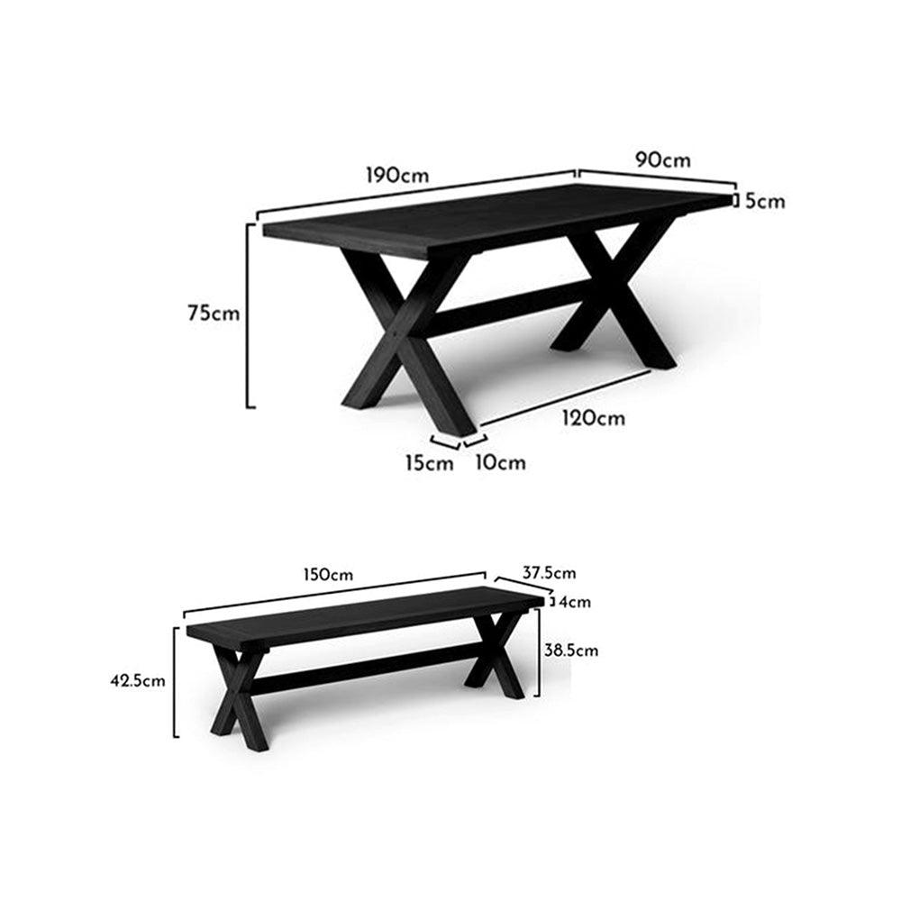 Charlotte 190cm Dining Table with 2 150cm Dining Benches - Black Oak