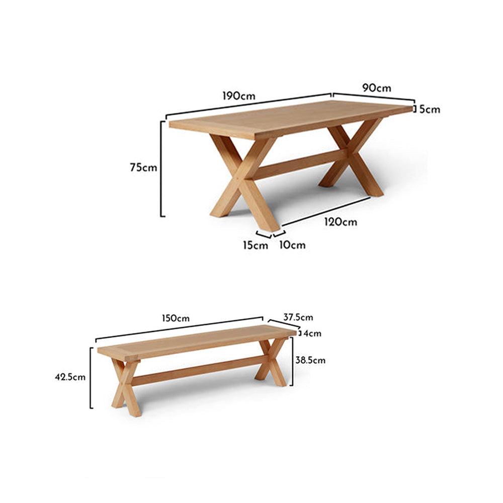 Charlotte 190cm Dining Table with 2 150cm Dining Benches - Pale Oak