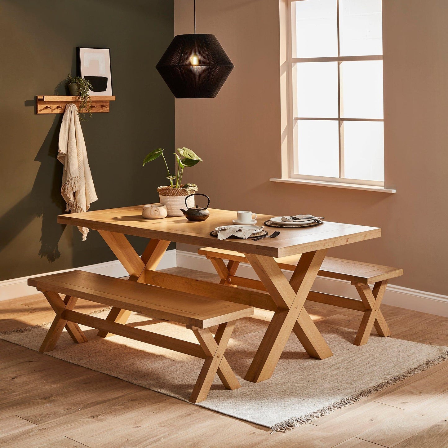 Charlotte Pale Oak Dining Table with 2 Dining Benches - Laura James