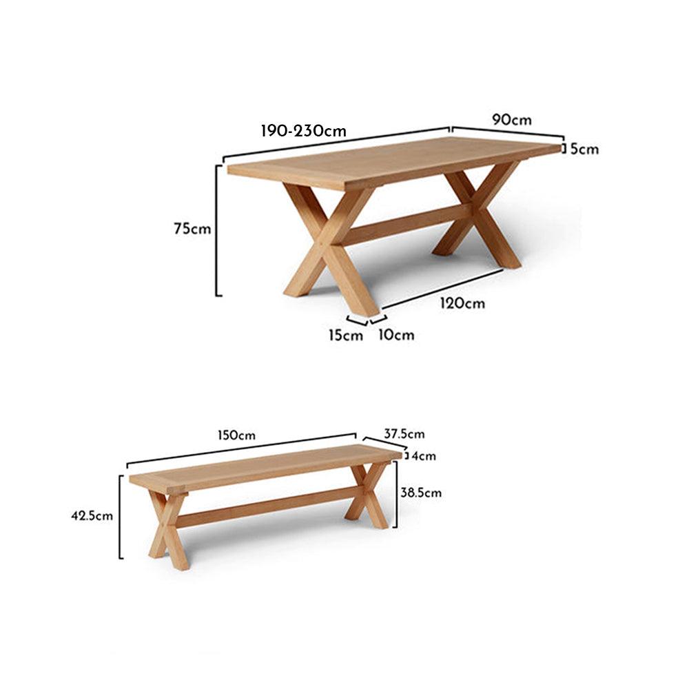 Charlotte Extending Table 190cm with 2 150cm Dining Benches - Pale Oak