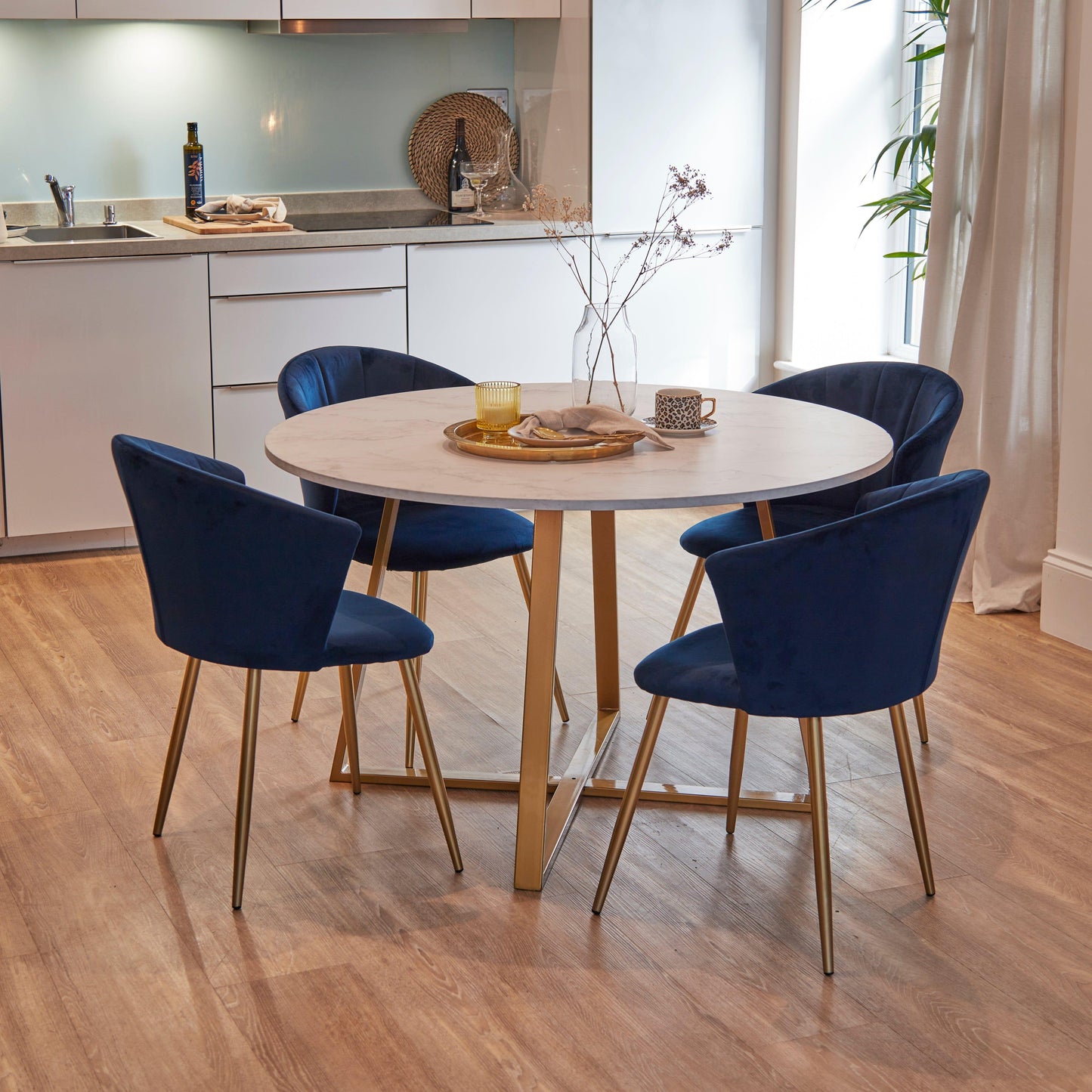 Clara marble effect round dining table - with gold frame - Laura James