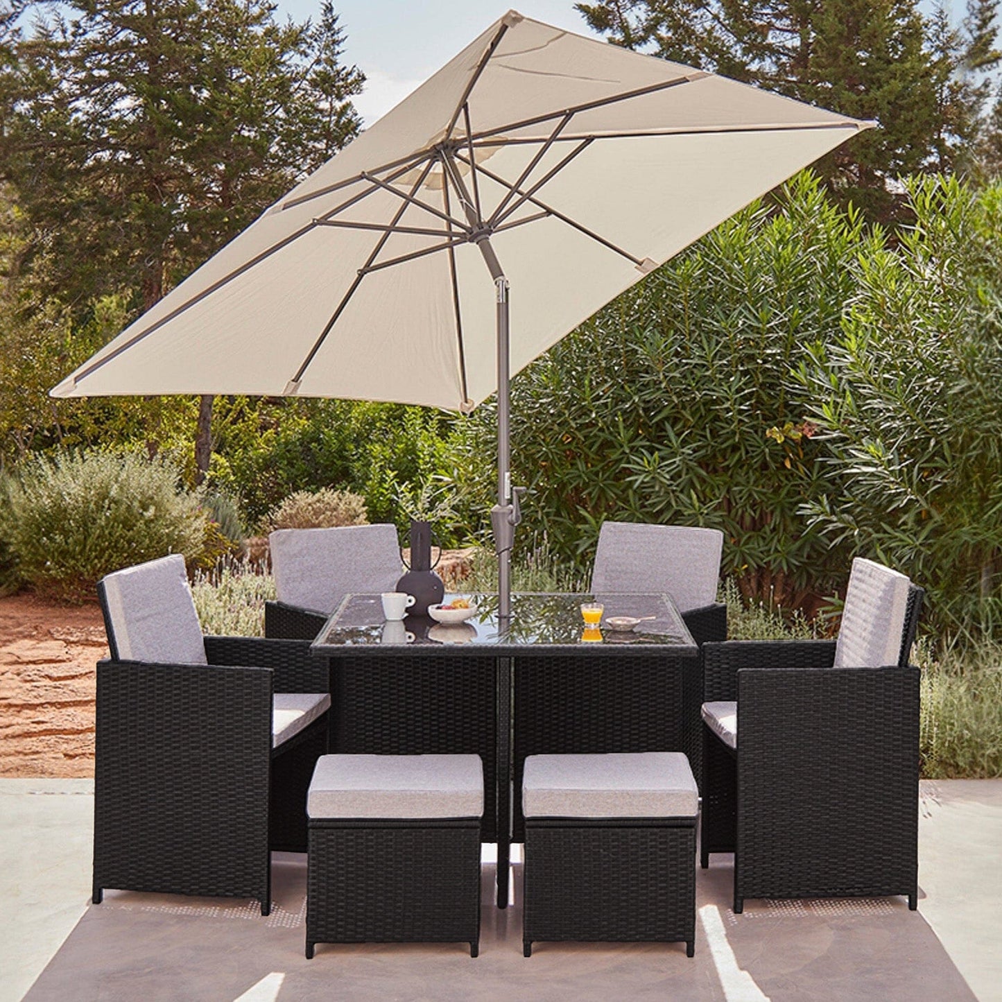 8 Seater Rattan Cube Outdoor Dining Set with Parasol - Black Weave
