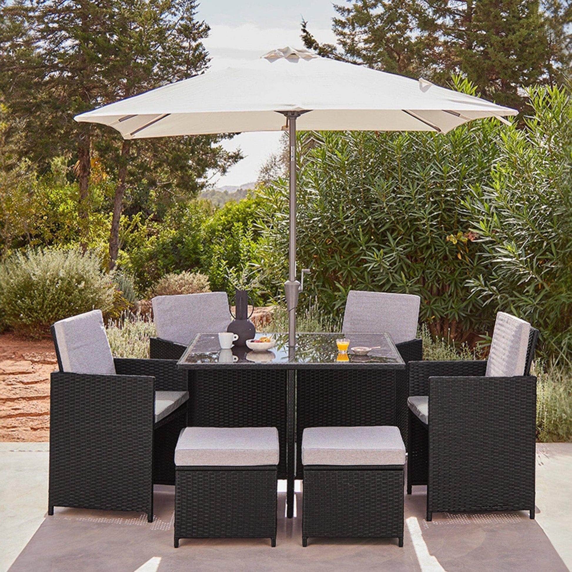 black patio set with umbrella SERWALL 8-Pc HDPE Dining Set, 1 Table, 1 & 6 Chairs, Because of the timeliness of logistics Walsunny 6 Piece Patio Furniture