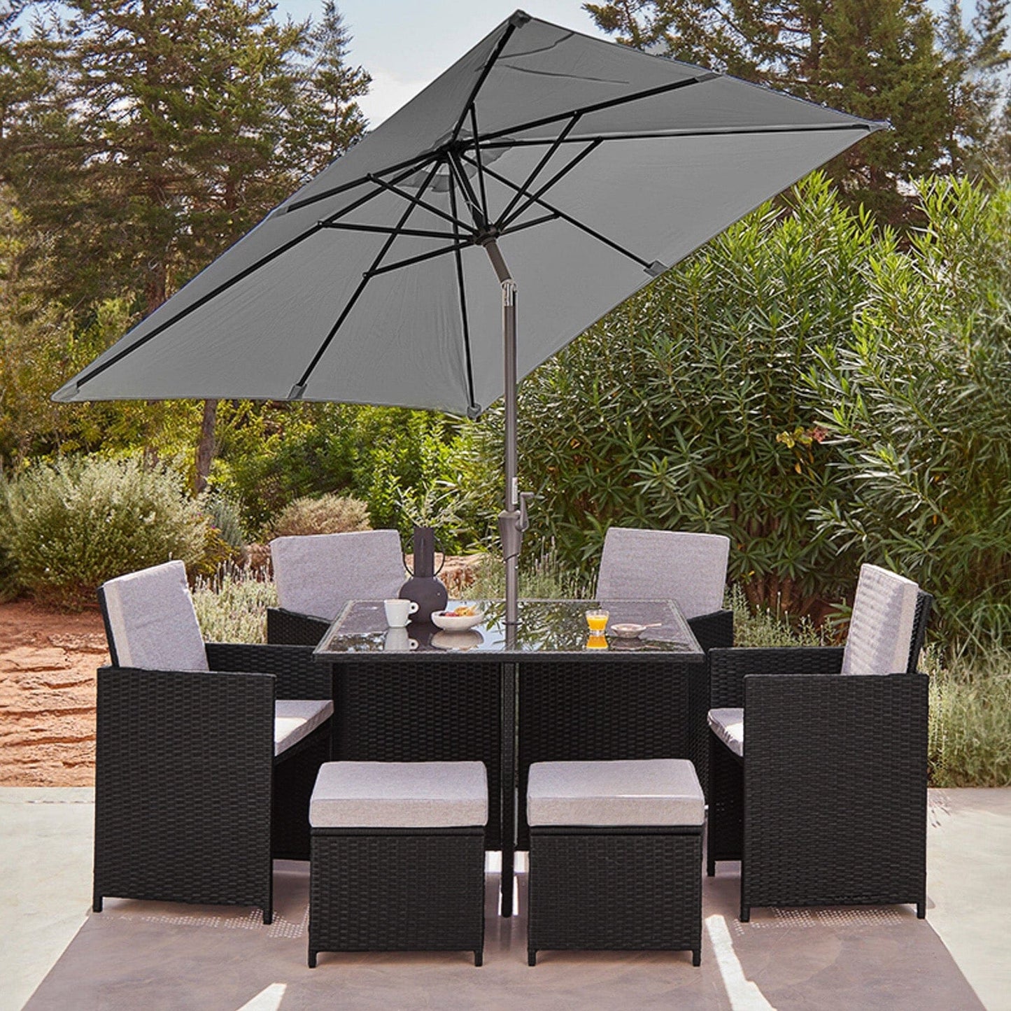 8 Seat Rattan Cube Outdoor Dining Set with LED Premium Parasol - Black Weave - Laura James