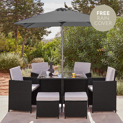 8 Seat Rattan Cube Outdoor Dining Set with LED Premium Parasol - Black Weave - Laura James