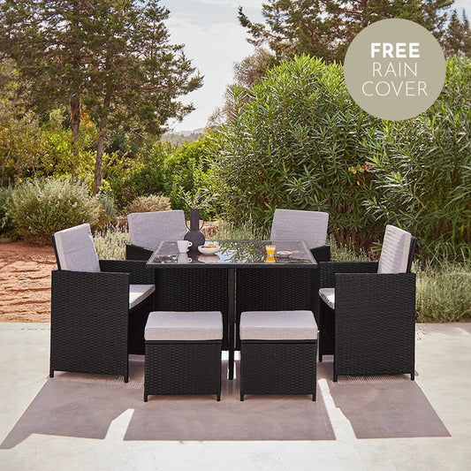 8 Seater Rattan Cube Outdoor Dining Set - Black Weave - Laura James