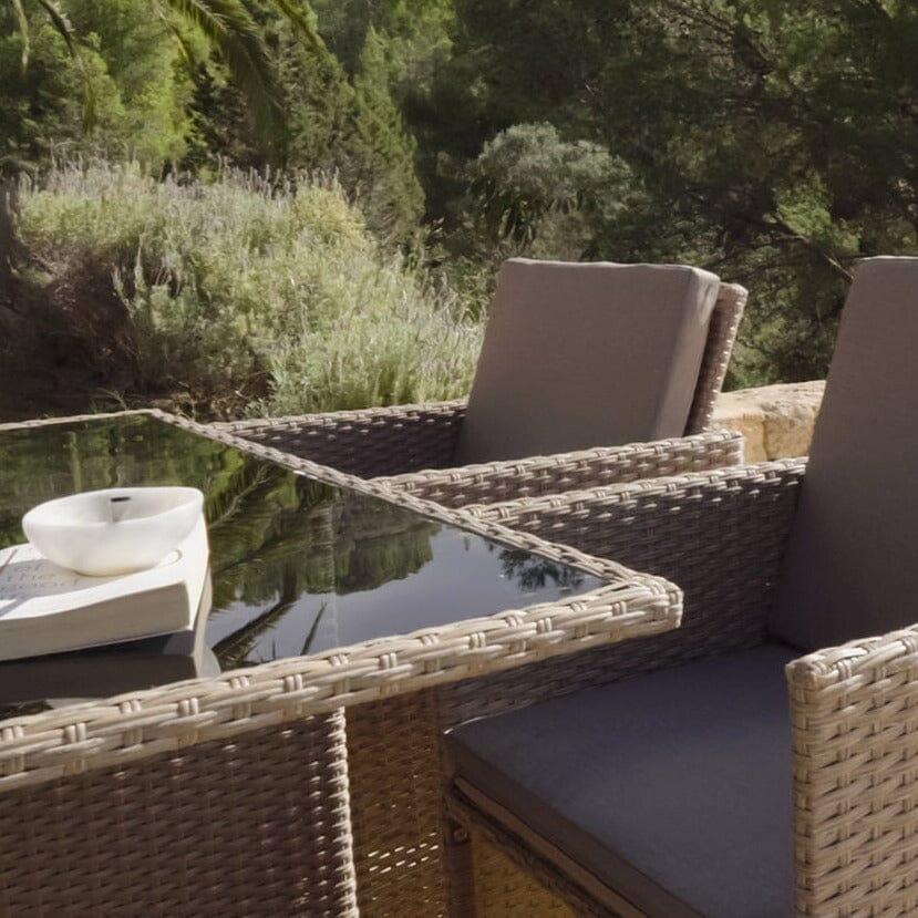 Cube 8 Seater Outdoor Dining Set - Natural Brown Weave Black Glass Top - Laura James