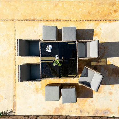 Cube 8 Seater Outdoor Dining Set - Natural Brown Weave Black Glass Top