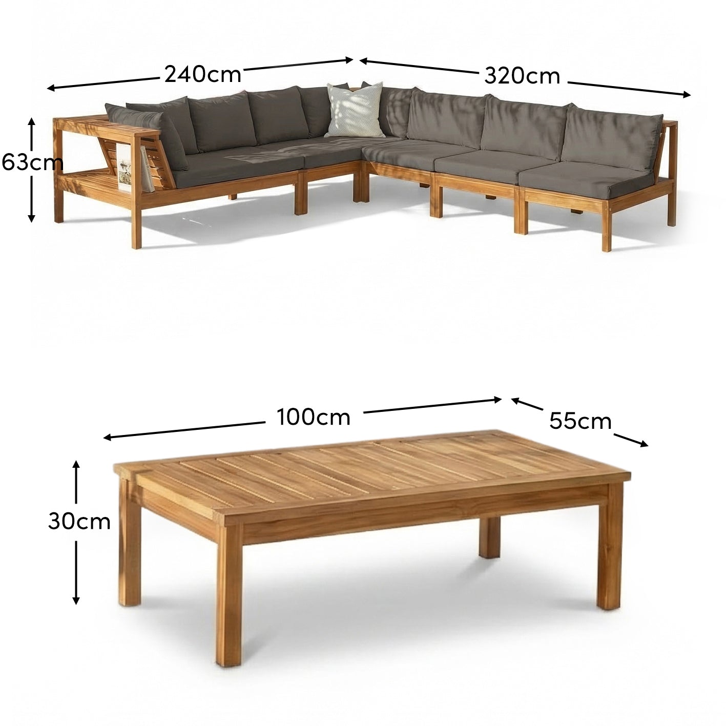 Dakota 8 Seater Wooden Corner Sofa Set - Natural Acacia with Grey Cushions - Laura James