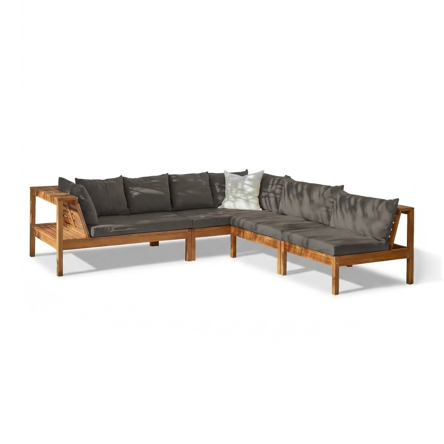 Dakota 7 Seater Wooden Corner Sofa Set - Natural Acacia with Grey Cushions - Laura James