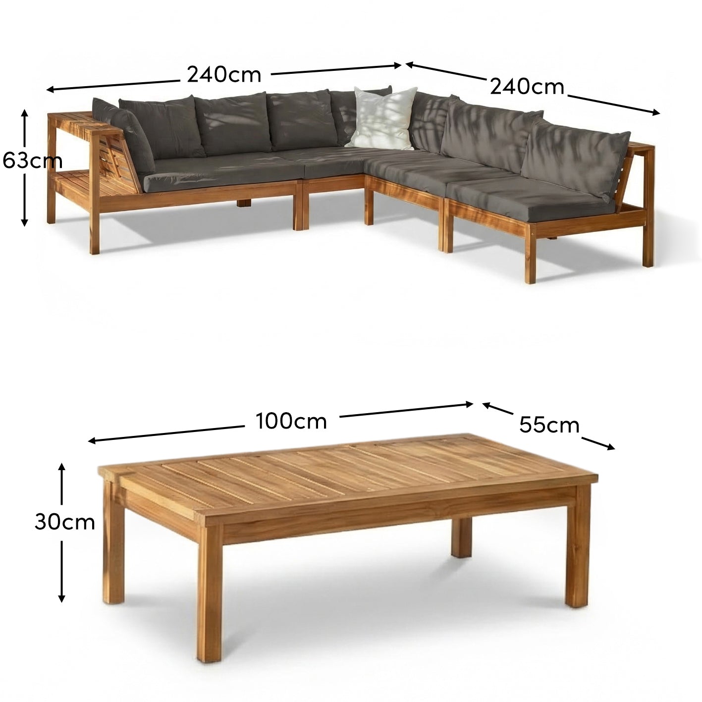 Dakota 6 Seater Wooden Corner Sofa Set - Natural Acacia with Grey Cushions
