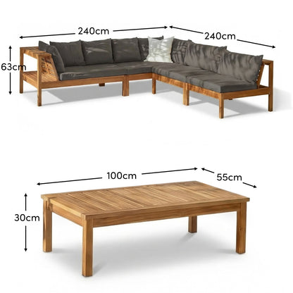 Dakota 6 Seater Wooden Corner Sofa Set - Natural Acacia with Grey Cushions