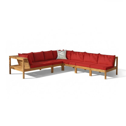 Dakota 8 Seater Wooden Corner Sofa Set - Natural Acacia with Red Cushions - Laura James