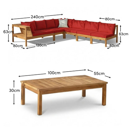 Dakota 8 Seater Wooden Corner Sofa Set - Natural Acacia with Red Cushions - Laura James